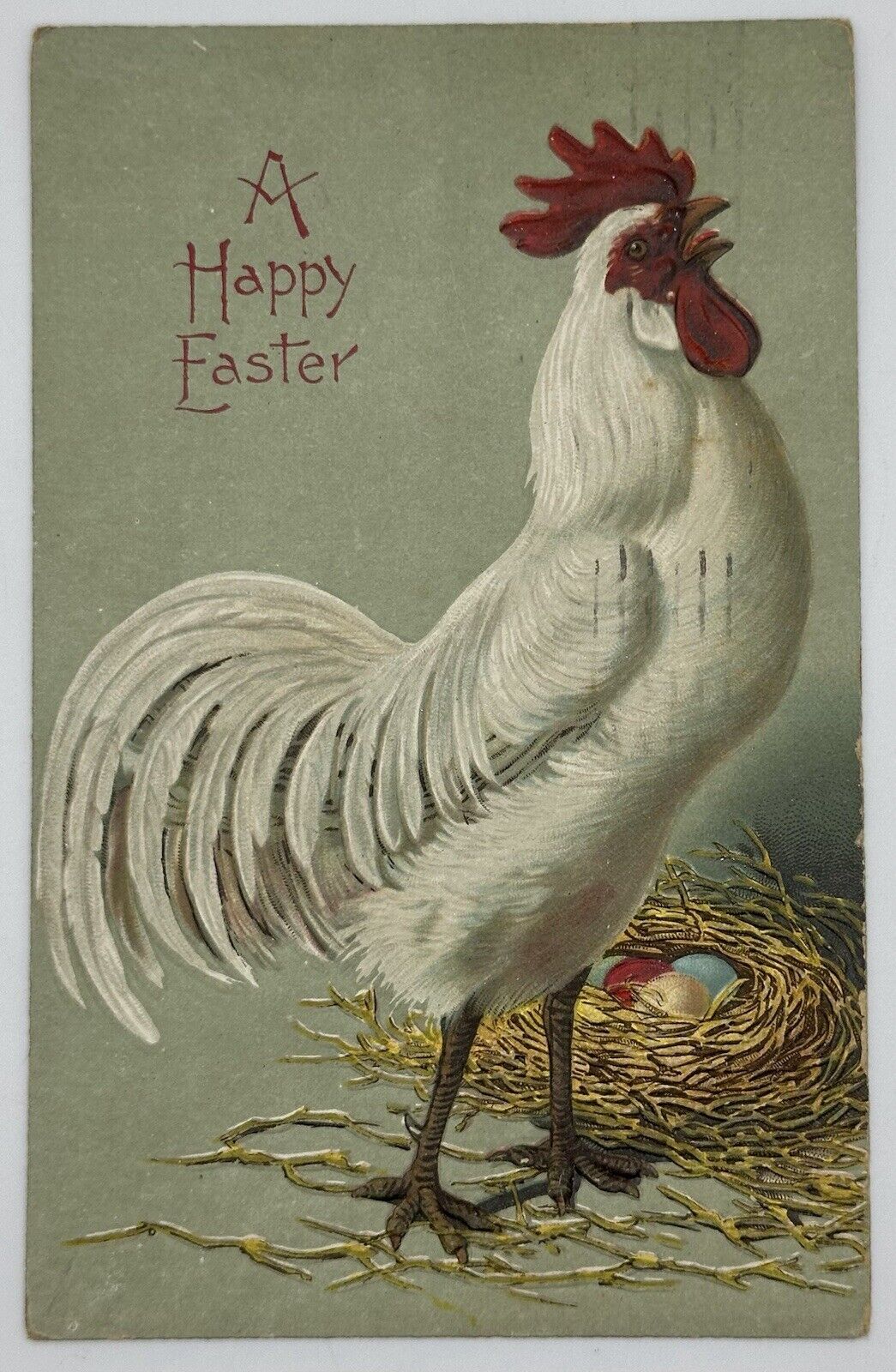 1907-1915 A Happy Easter Postcard Rooster 🐓 W/ Nest & Eggs 🪺 