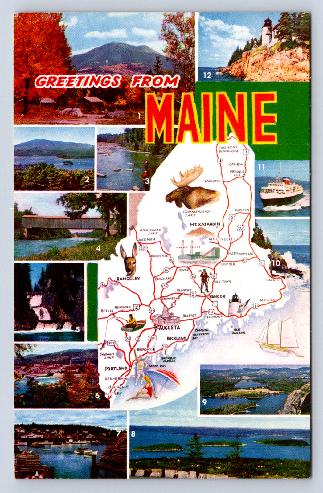 Vintage Postcard Greetings from Maine Mt Katahdin Moosehead Lake Salmon Fishing 