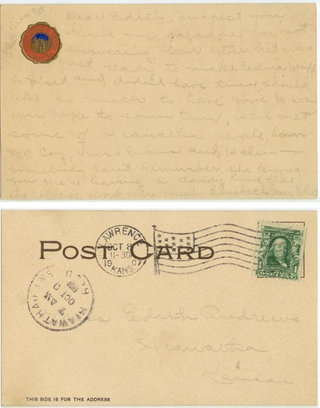 unusual 1907 Lawrence Kansas University postcard