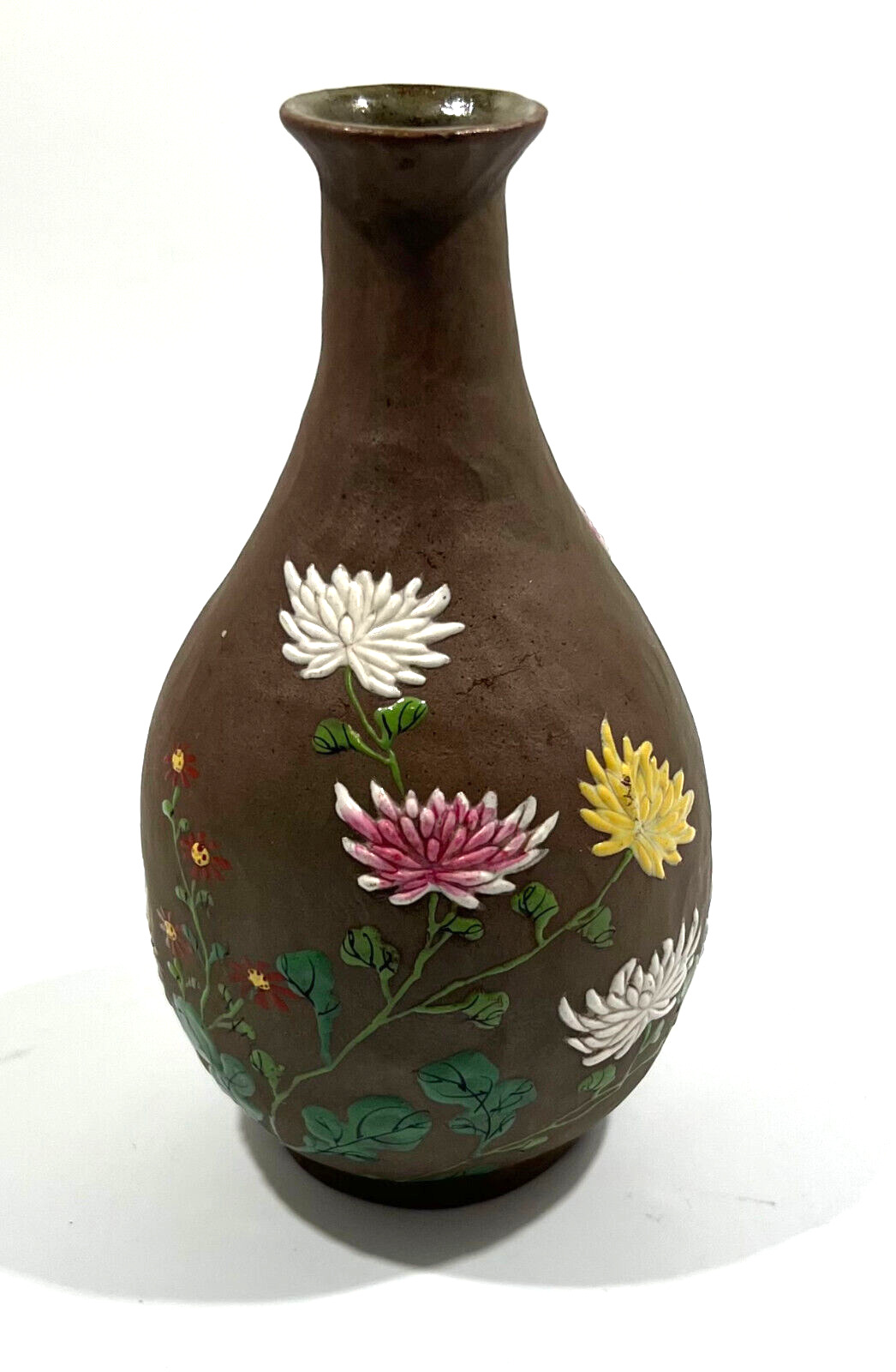 Antique Small Hand Made Vase With Hand Crafted Flowers. Signed 6.5\