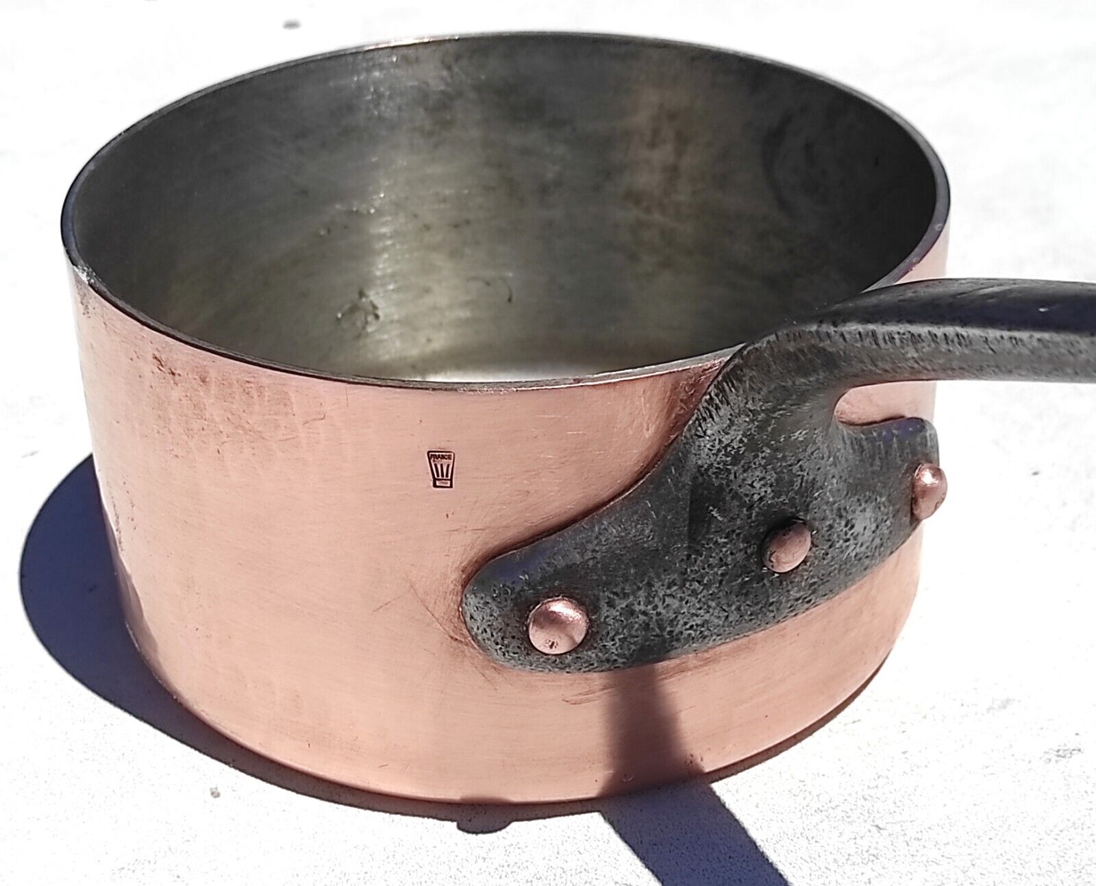 Vintage 7.3inch French Copper Saucepan Mauviel Hammered Tin Lining 3mm 5.5lbs