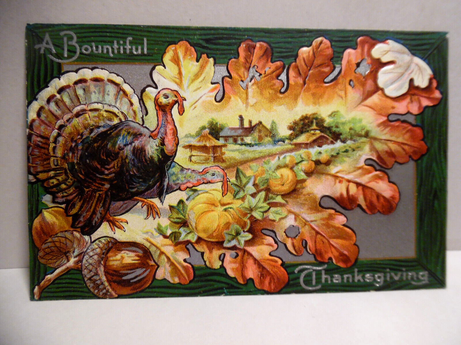PC 2607 - THANKSGIVING POSTCARD - TURKEY IN PASTORAL SETTING FRAMED IN RED LEAF