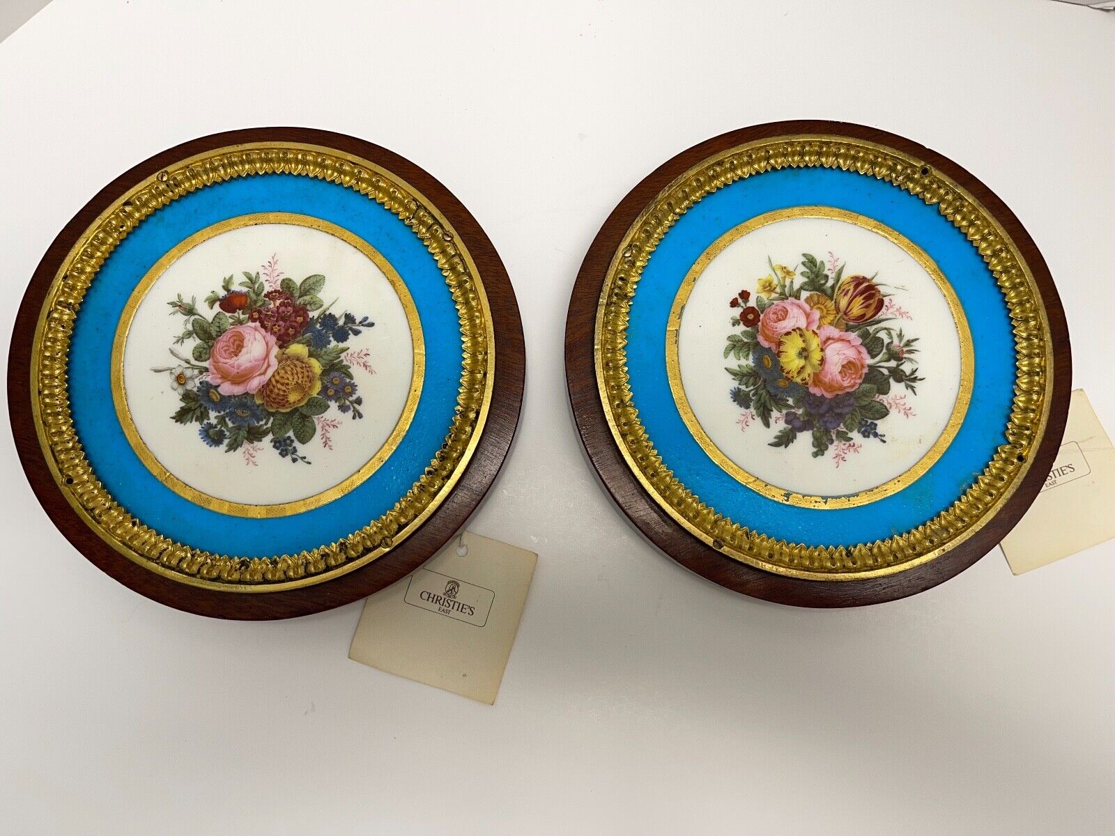 PAIR ANTIQUE SEVRES PORCELAIN CIRCULAR PLAQUES WITHIN ORMOLU & WOOD FRAMES