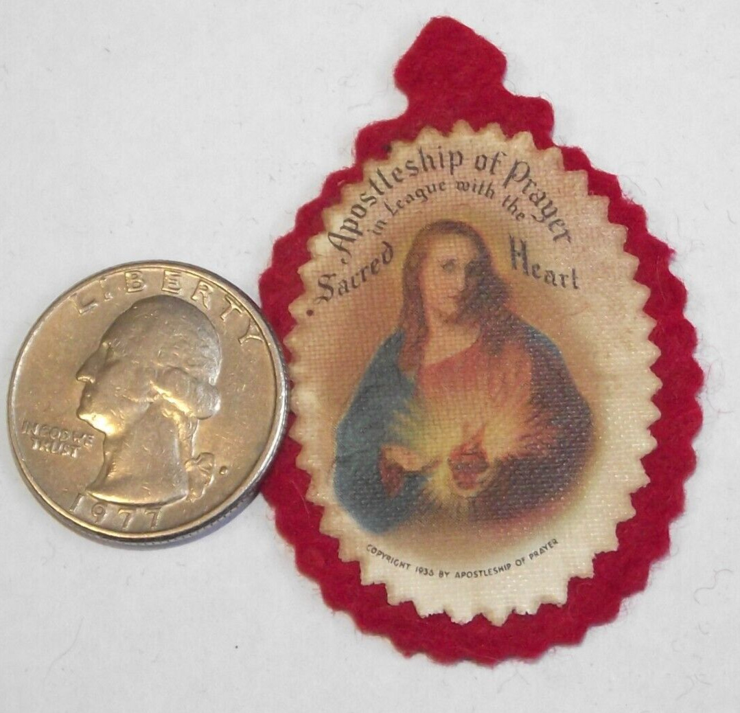 Vtg used Apostleship of Prayer League with Sacred Heart Jesus red scapular badge
