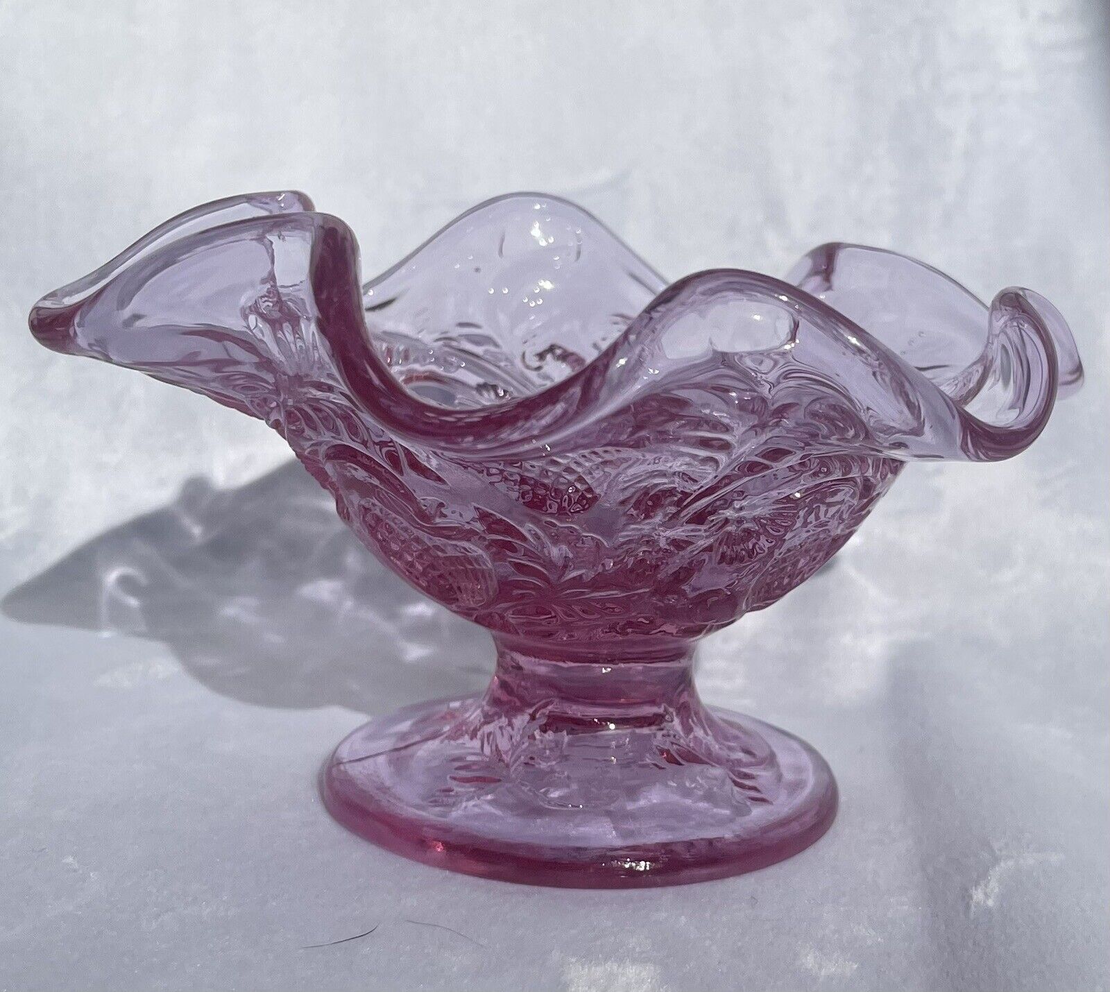 Vintage Fenton Ruffled Pink Strawberry Compote / Candy Dish 3”x4.75” Stamped