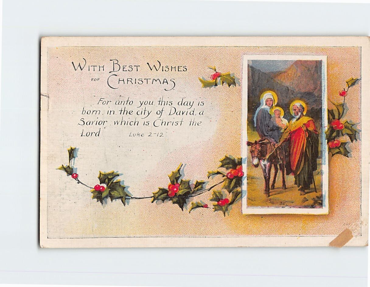 Postcard Christmas Wishes Luke 2:12 Christmas Holly Art Print