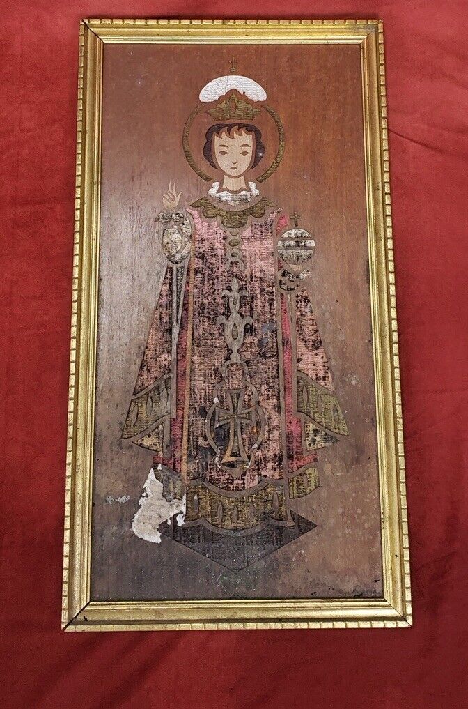 RARE  Vintage Infant Jesus of Prague wooden dimensional framed picture