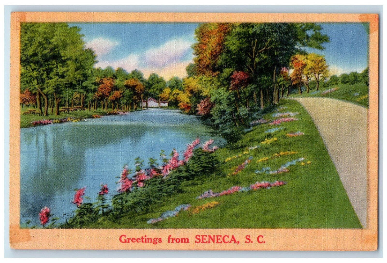 c1950\'s River Road View Greetings from Seneca South Carolina SC Postcard