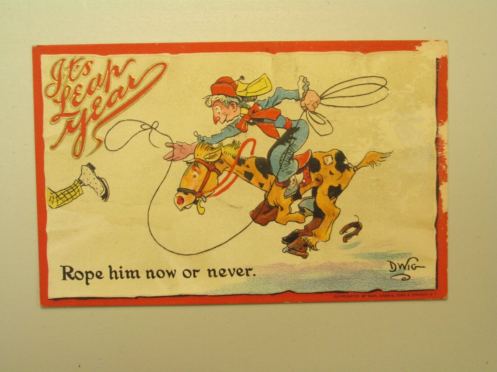 K1136 Postcard Leap Year lady riding horse roping a man now or never -poor cond