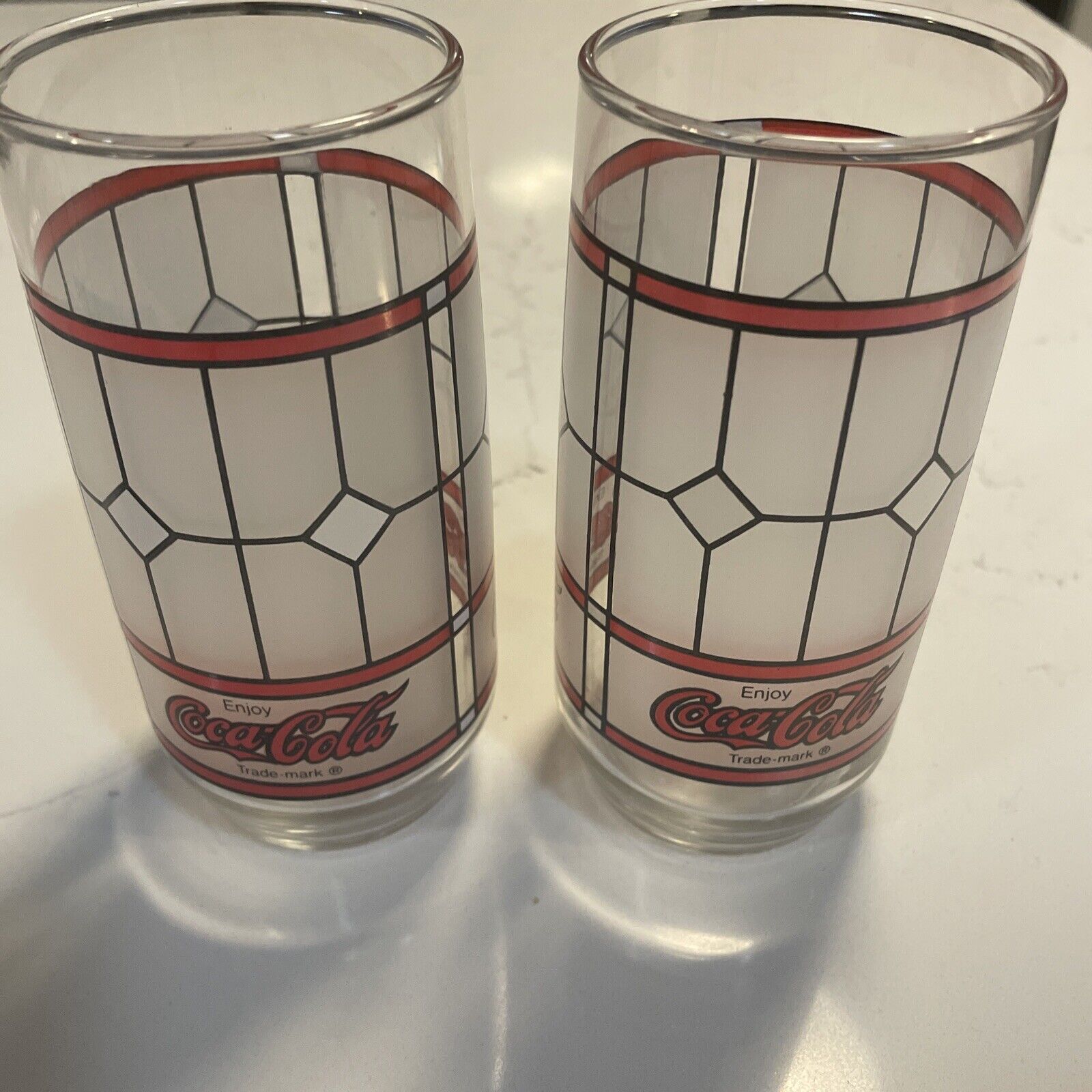 Set of 2 Coca Cola VINTAGE Tiffany Style Stained Frosted Glass Drinking Glasses