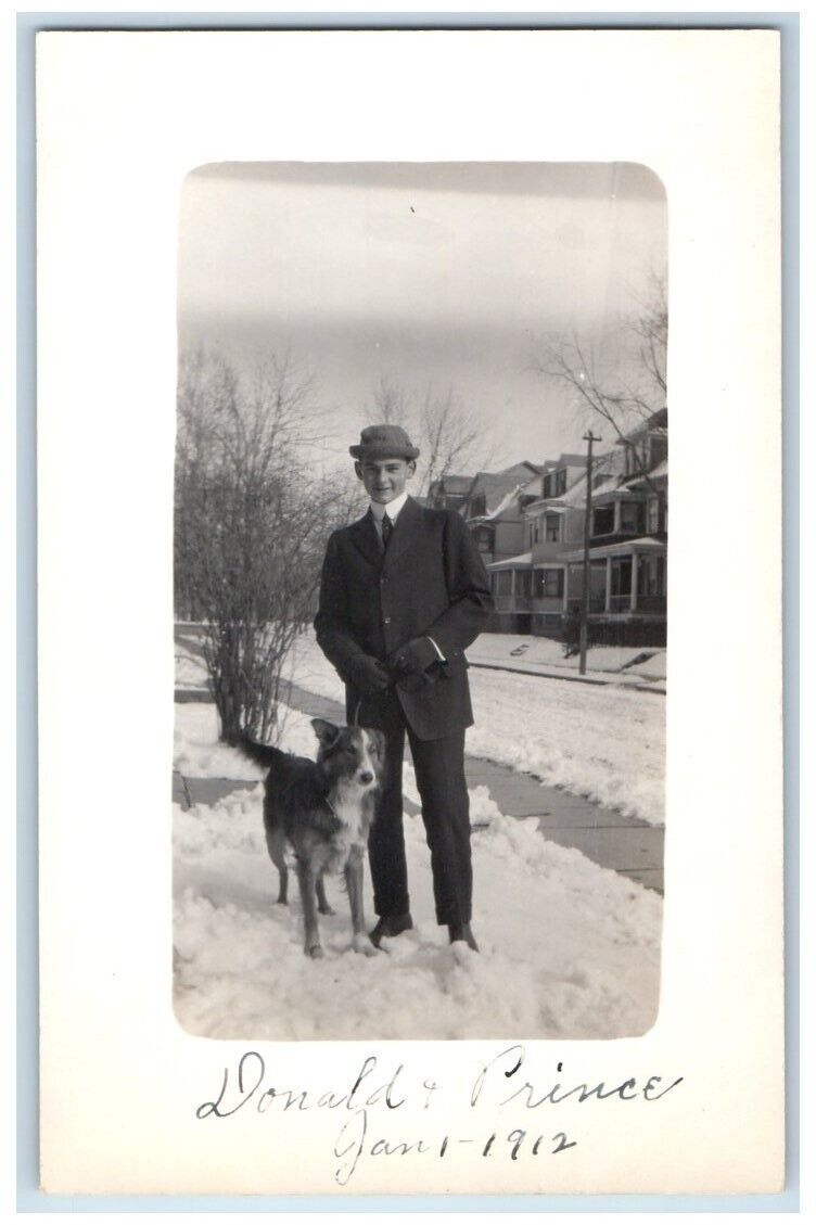 1912 Donald & Prince Dog Animal Snow Winter East Orange NJ RPPC Photo Postcard