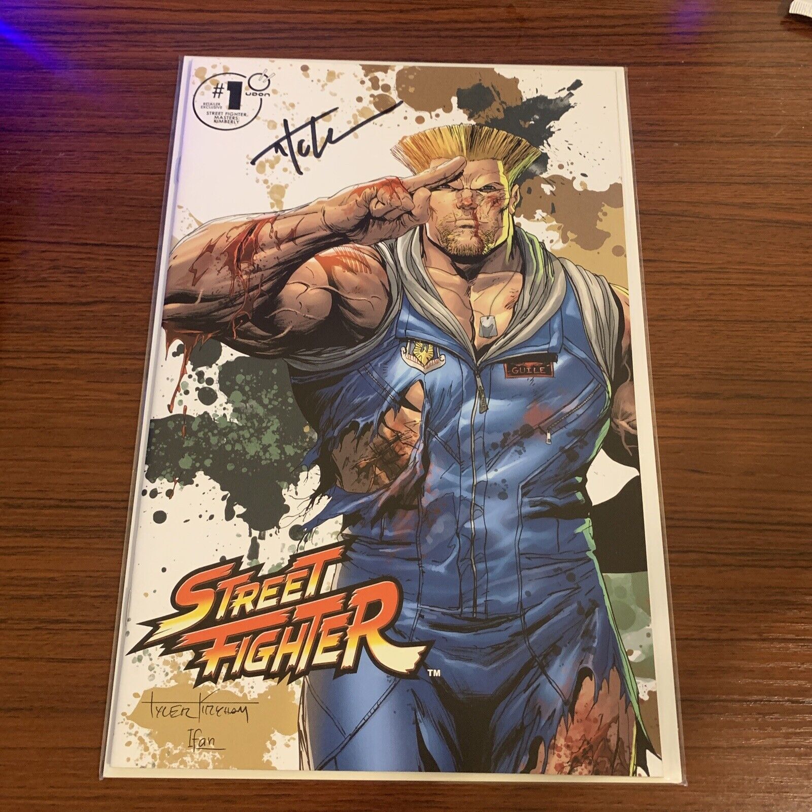 Street Fighter Comic #1 Guile Battle Damage Trade  SIGNED By Tyler Kirkham W/COA