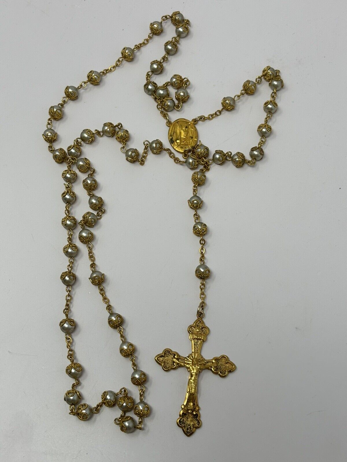 Incredible Large Vintage Gold Filled And Faux Pearl Rosary Necklace