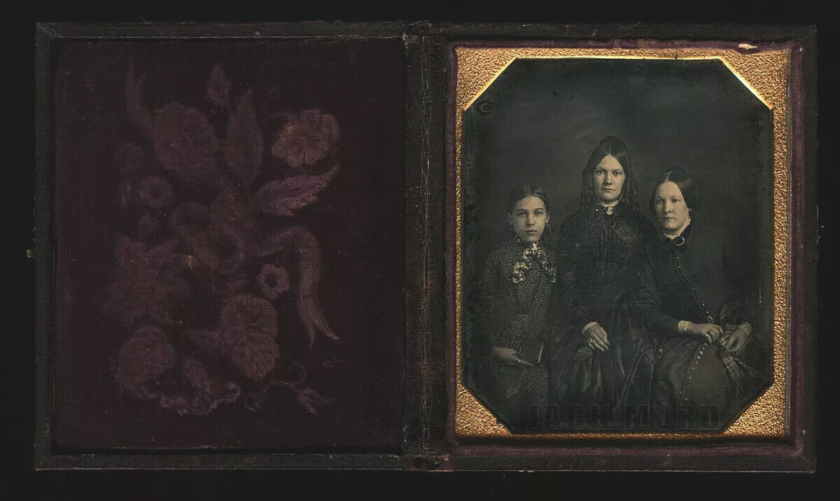 Dated 1847 1840s Daguerreotype Women & Girl Holding Closed Dag, Mourning Group?