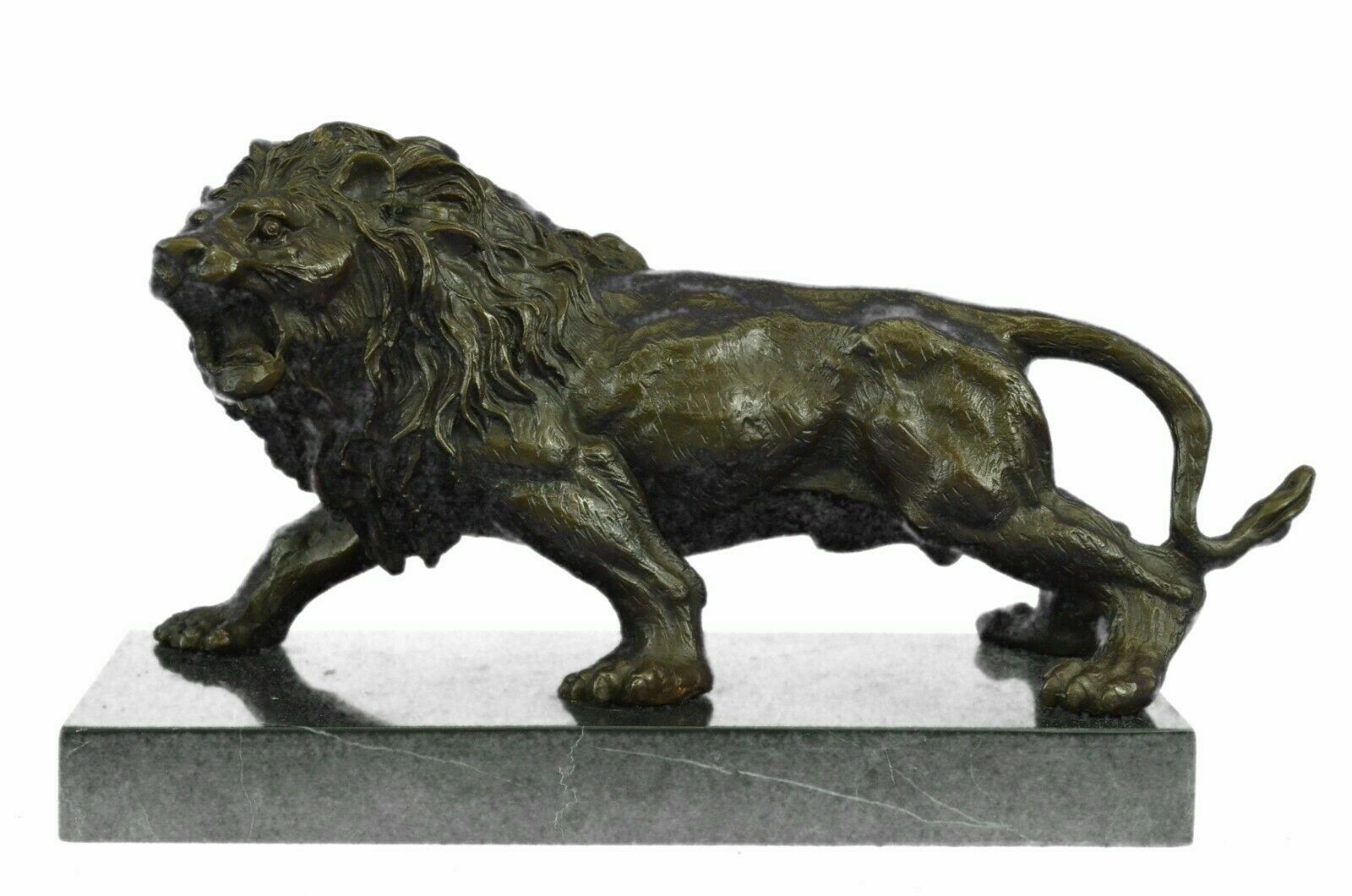Angry Roaring Lion Signed Barye Hot Cast Bronze Marble Sculpture Statue Decor