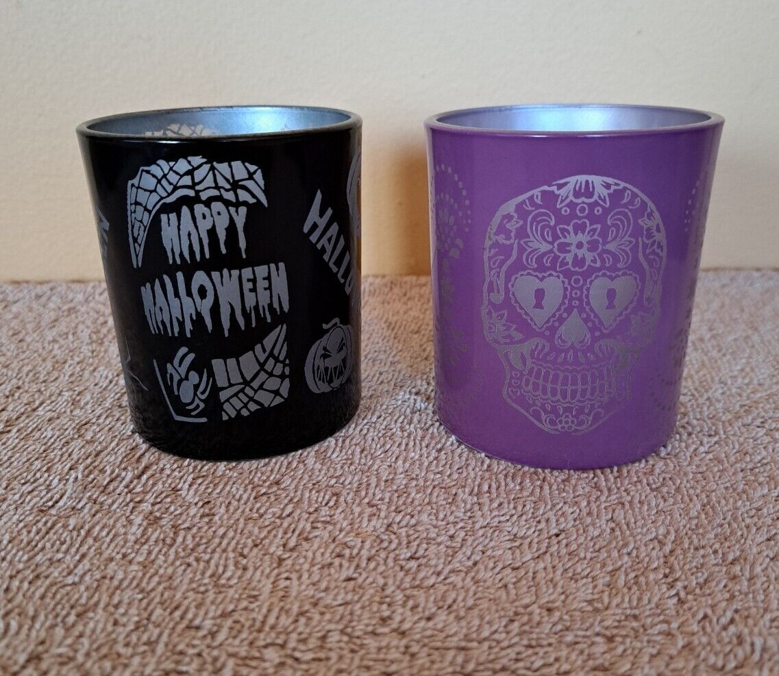 Black Happy Halloween & Purple Skull Glass Votive Candle Holders Set Of 2