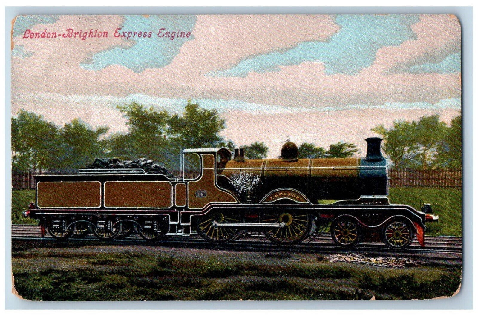 England Postcard London Brighton Express Engine Train No. 55 c1910 Antique