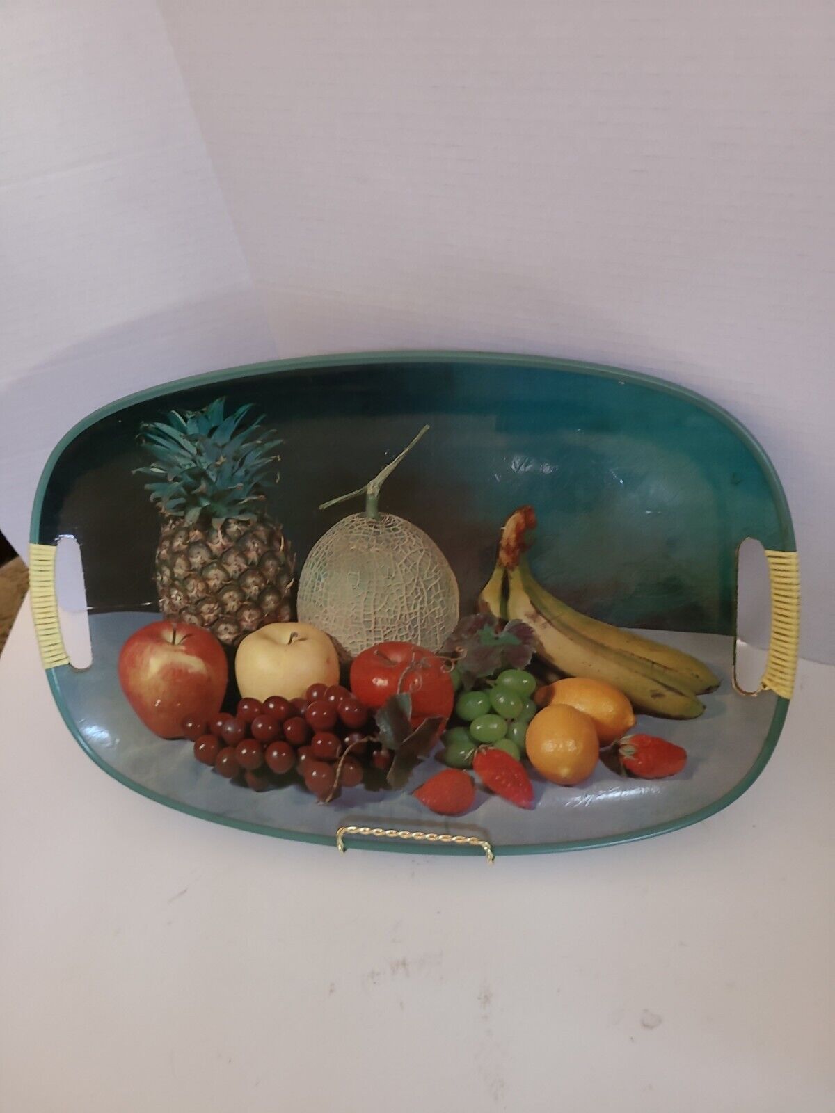 Thrifco Vtg Mid Century Colorful Fruit Oval Straw Handled Serving Tray Japan.