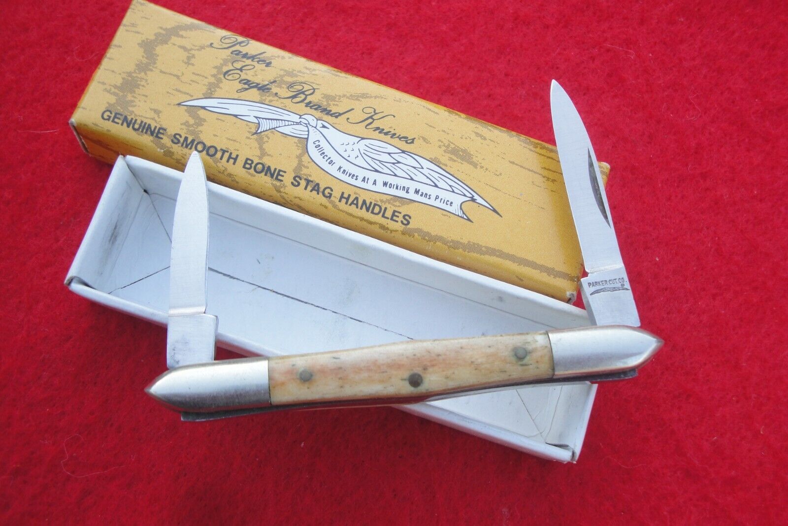VINTAGE PARKER CUT CO BONE STAG TUXEDO  PATTER KNIFE NEW N OLD BOX RARE PATTERN