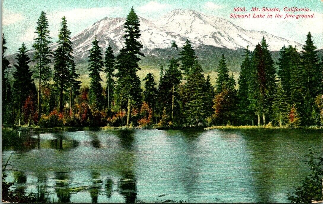 Postcard  Mt Shasta California Steward Lake In The Fore Grounds 
