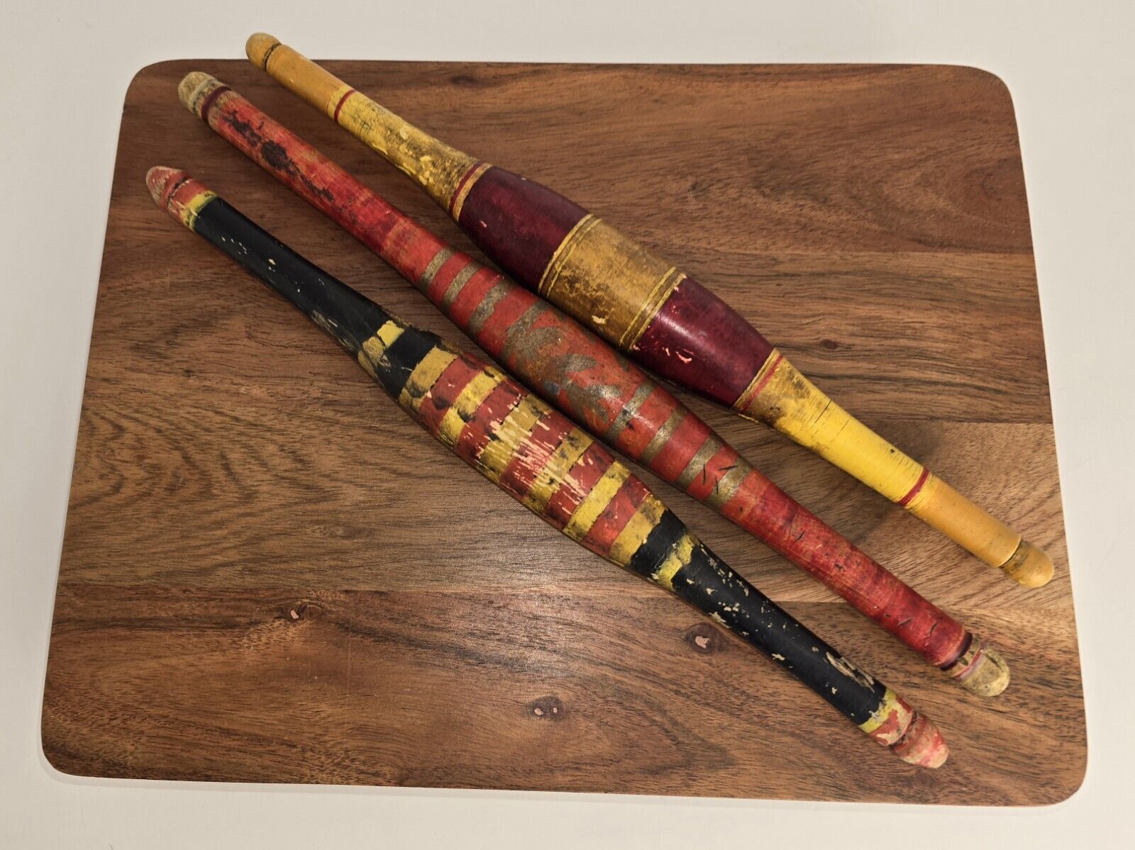 Vintage Wooden Lacquer Painted Bread Rolling Pin Chapati Roller 3 Pc
