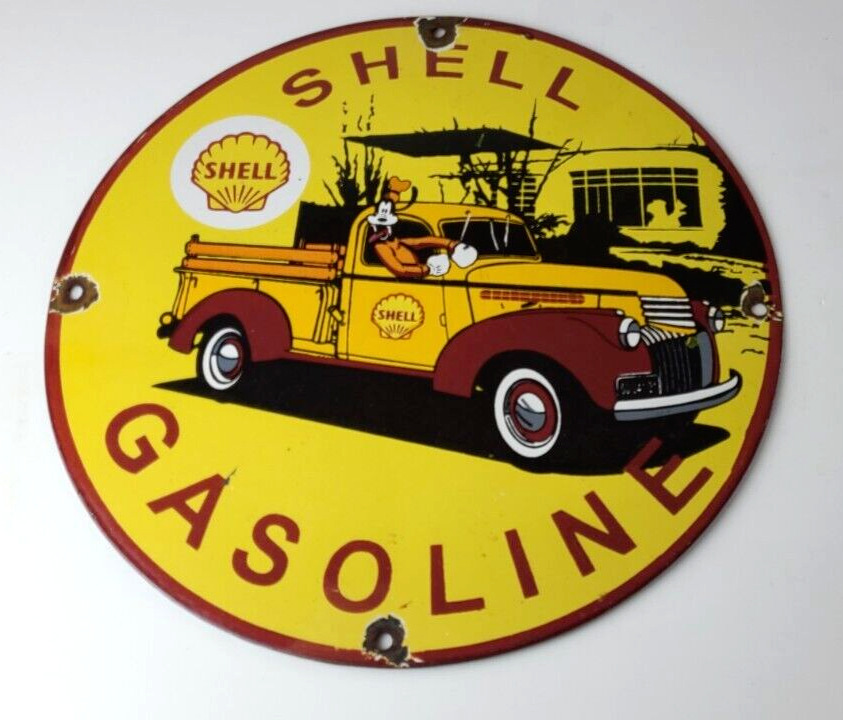 Vintage Shell Gasoline Sign - Goofy Old Truck Gas Oil Pump Porcelain Sign