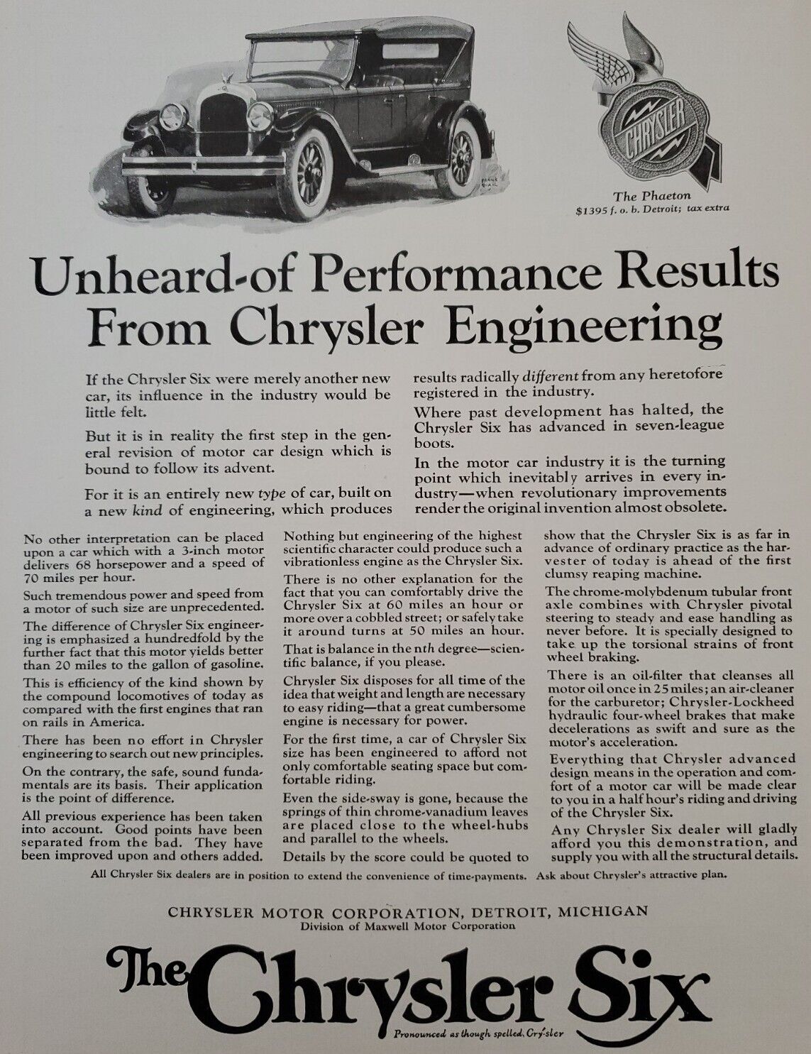 Vintage 1924 Magazine Print Ad - 1924 CHRYSLER SIX - The PHAETON - Full Page Ad