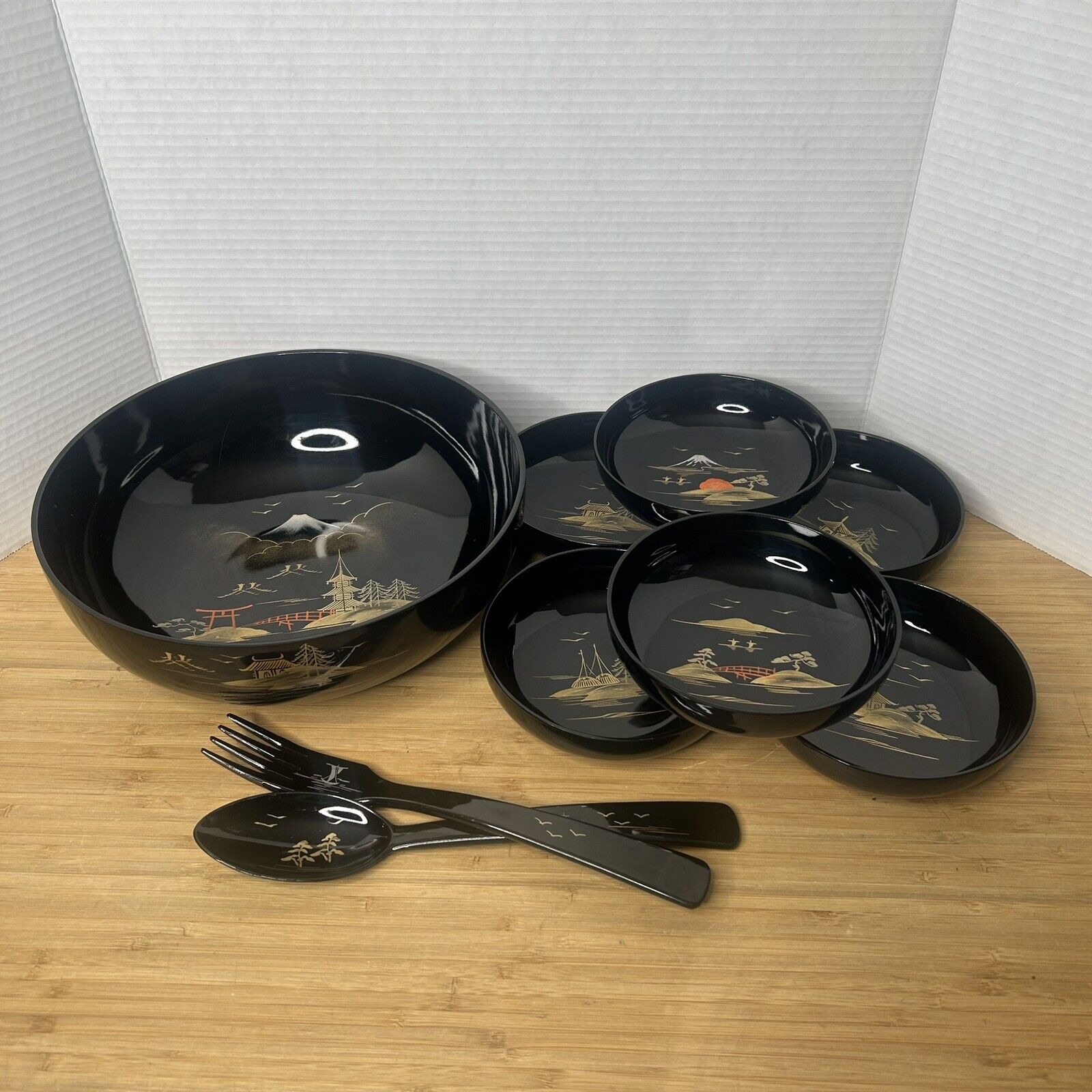 Aizu Japan Hand Painted Black Large Bowl w/ 6 Small Bowls & Serving Utensils