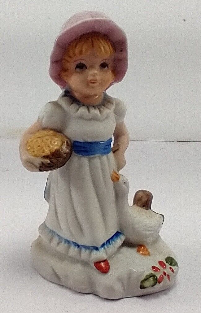Vintage DeVille Figurines Barnyard Girl  holding basket with Goose duck 4 1/2\