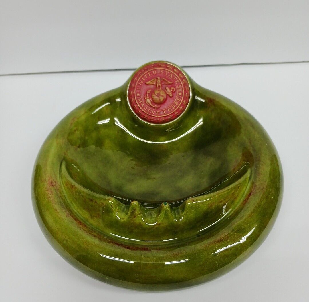 Vintage Us Marine Corps Ashtray Beautiful Green Ceramic  Handmade In The USA 