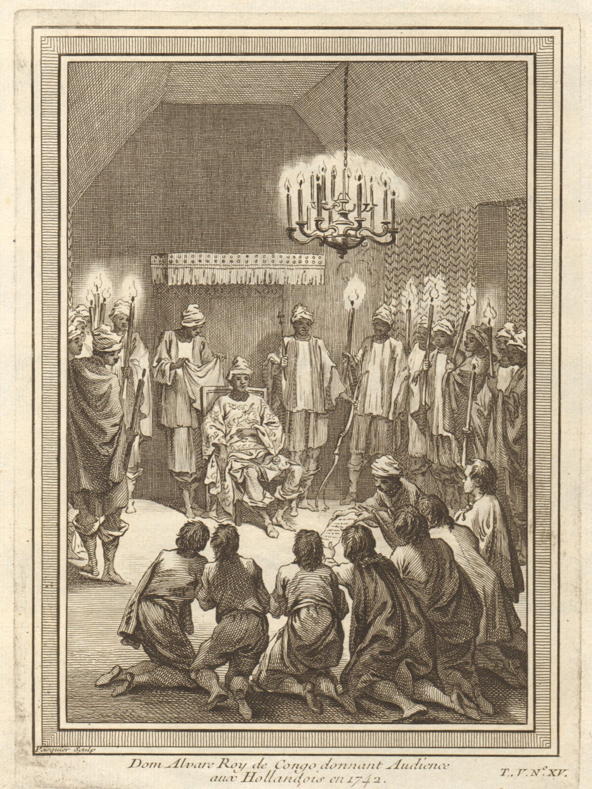King of Kongo (probably Alvaro VI), audience with the Dutch in 1742. Congo 1748