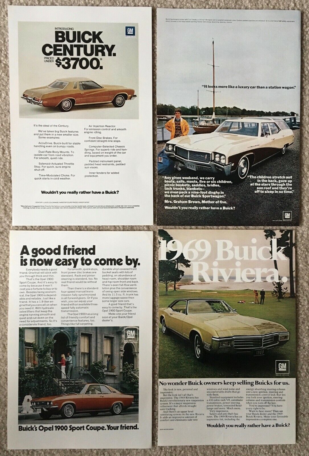 1968-1973 Buicks -LOT of 4 advertisements -Century / Riviera / Opel / Sportwagon