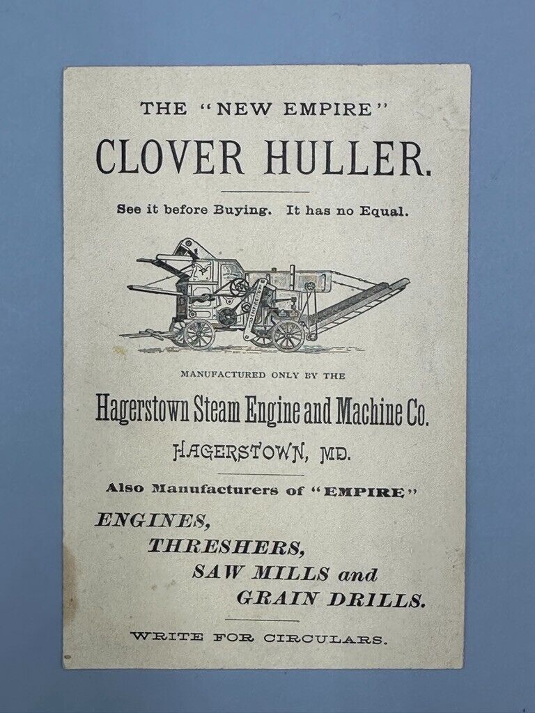 1880s HAGERSTOWN Steam Engine CLOVER HULLER Victorian FARM Advertise Trade Card