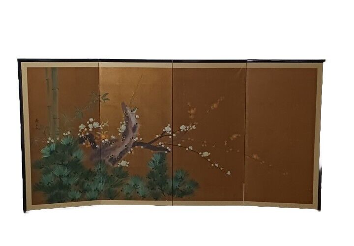 Signed Japanese Large 4 Panel Folding Screen Byobu Hand Painted 36”x71”