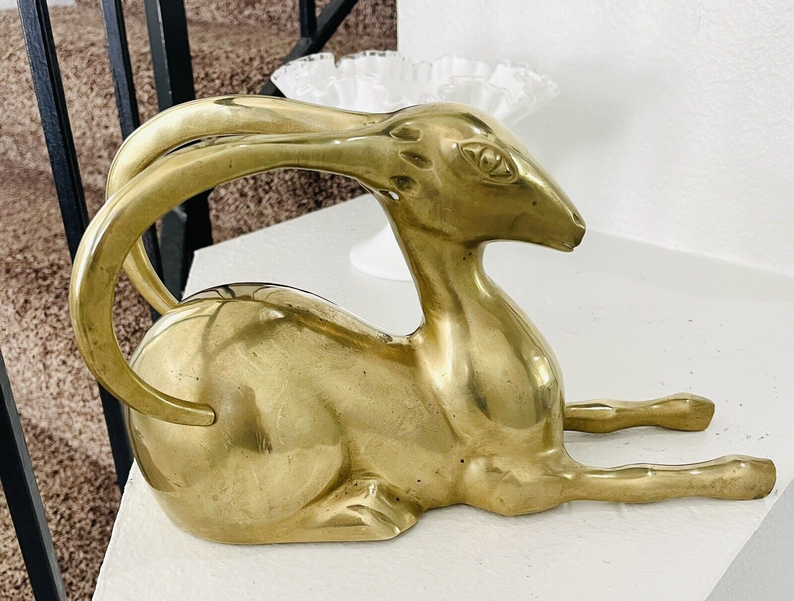 Brass Ram Figurine Vintage Hollywood Regency Gold 11x5”
