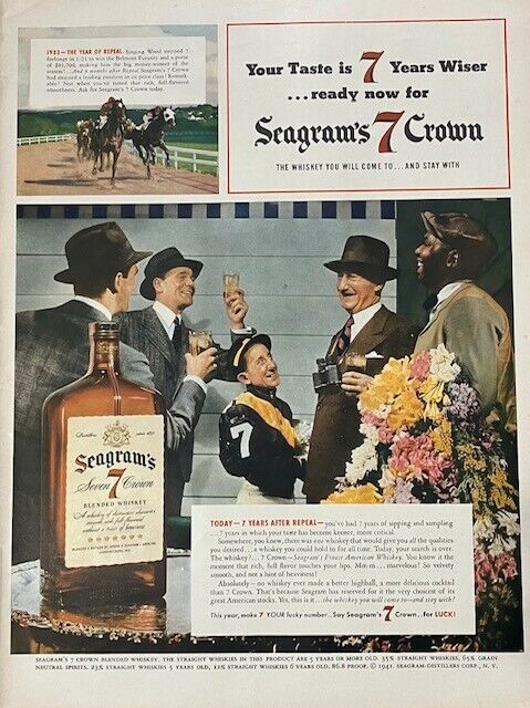 1941 Original Vintage Seagrams 7 Whiskey Liquor Horse Racing Horse Riding AD