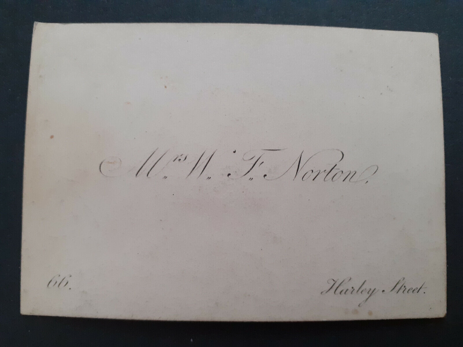 c1850/60s Calling Card Mrs W.F.Norton of Harley Street to Mrs William Johnson