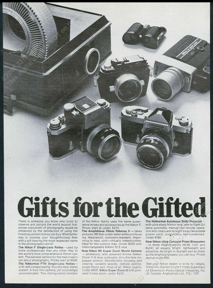 1969 Nikon F Nikonos II Nikkormat FTN 8X movie camera binoculars print ad