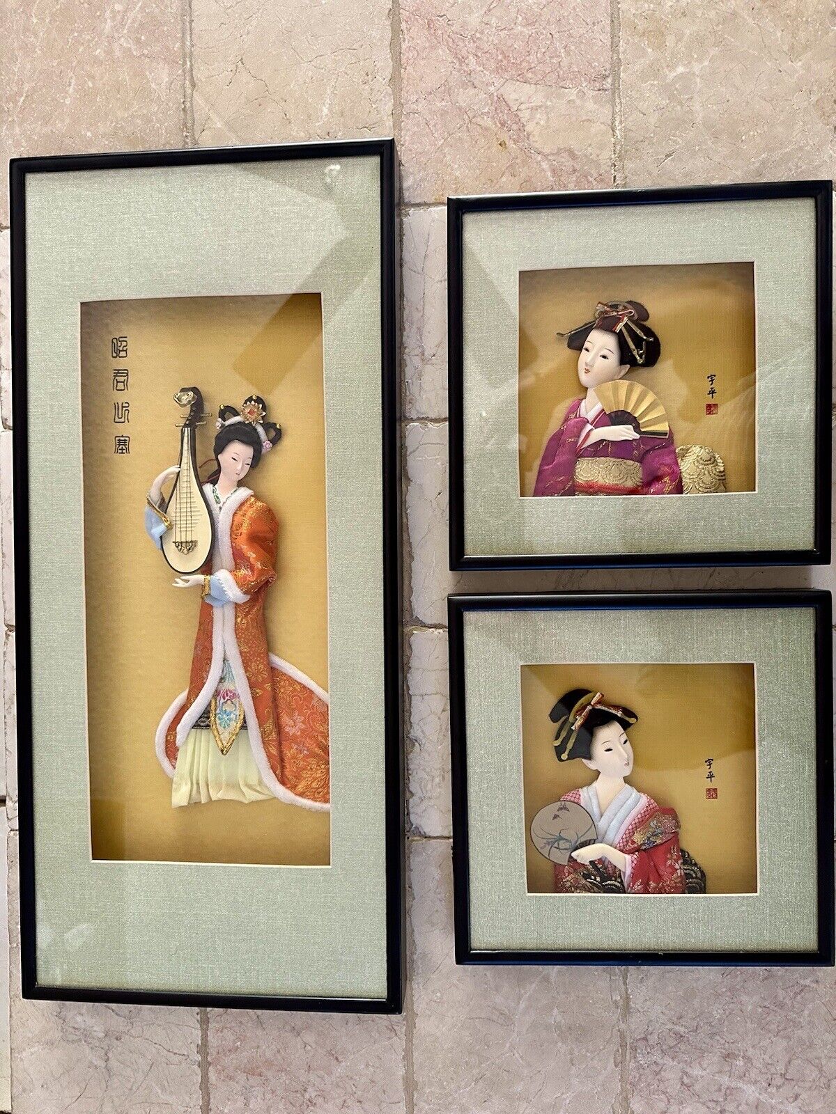 Vintage Japanese Framed Wall Art 3D Geisha Textile Silk Porcelain Signed Set 3
