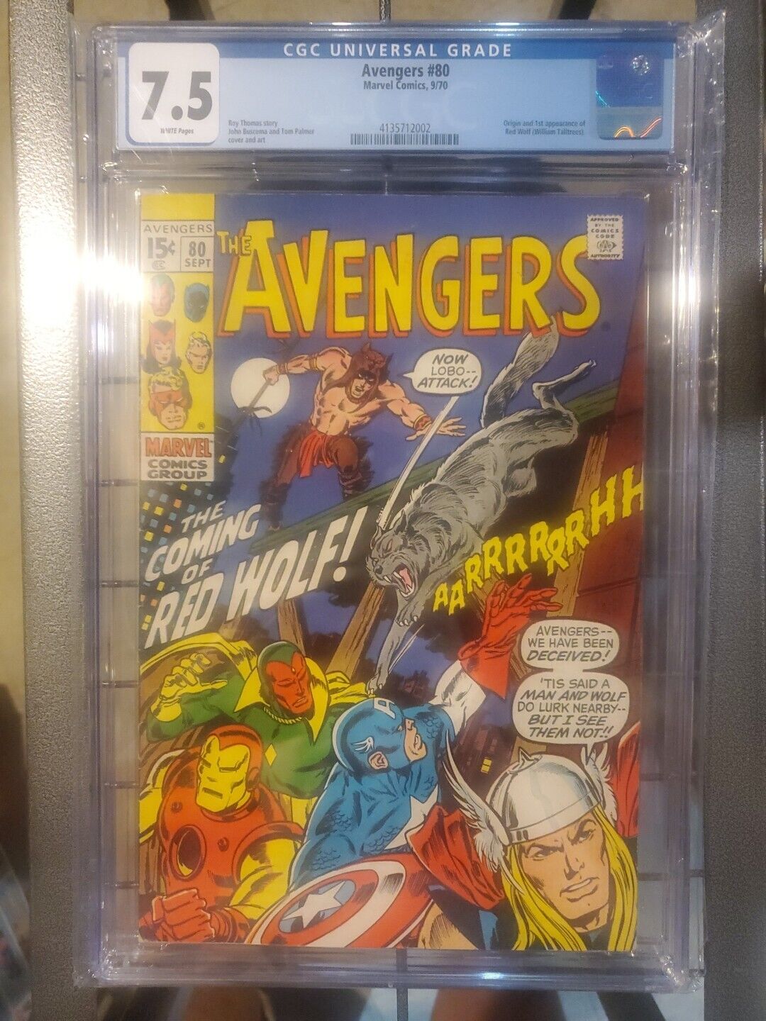 Avengers #80 CGC VF- 7.5 1st Appearance Red Wolf (William Talltrees) White Pgs