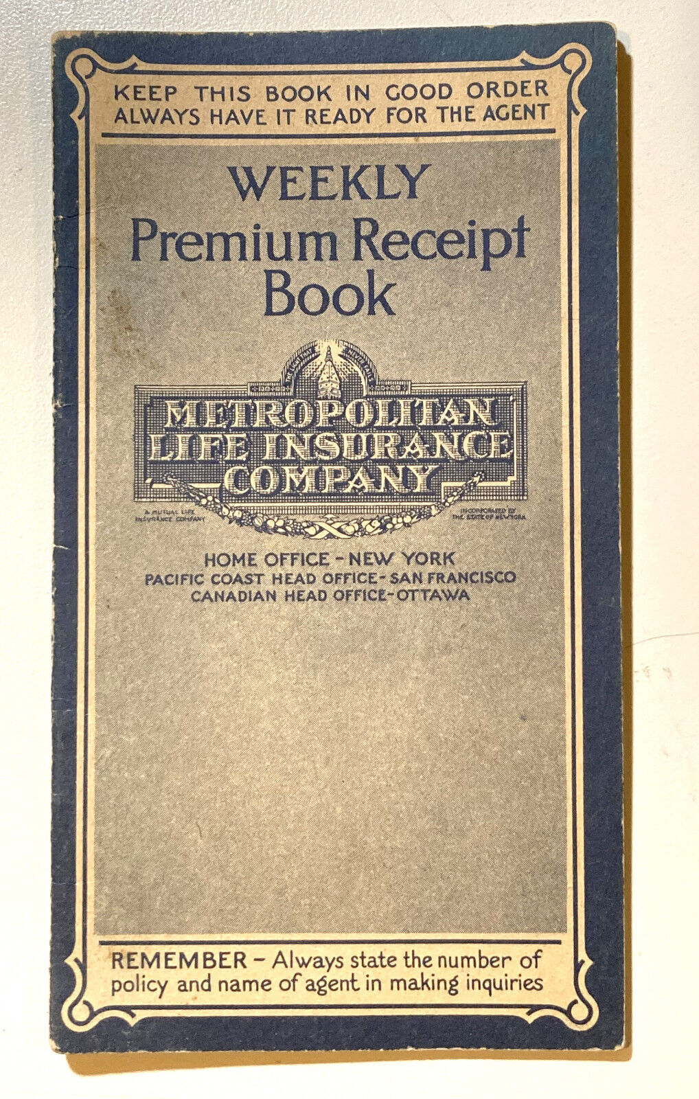 Vintage 1928 Metropolitan Life Insurance Co Weekly Premium Receipt Booklet