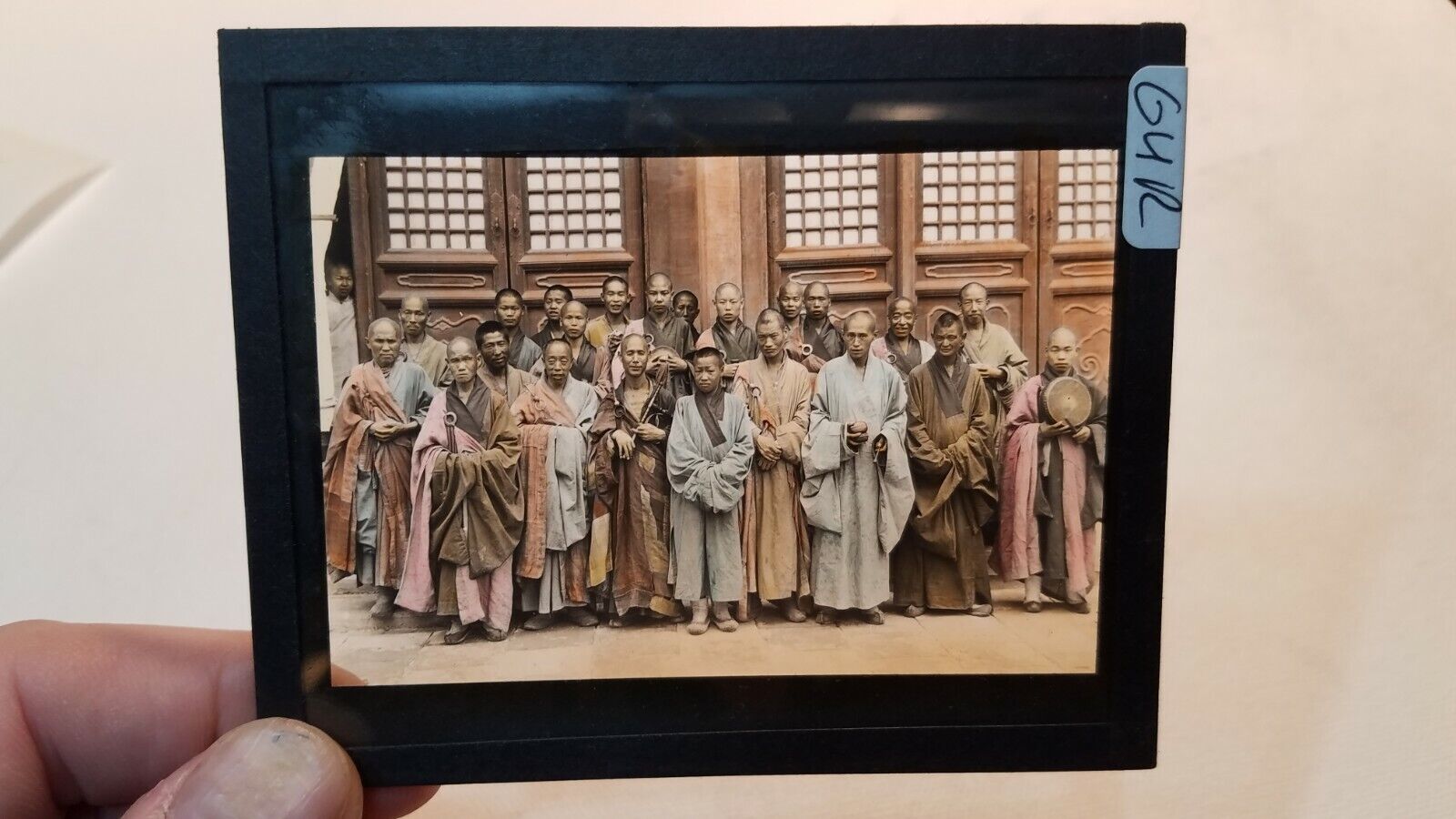 Colored Glass Magic Lantern Slide GUR CHINA CHINESE MONKS IN CULTURAL DRESS RARE