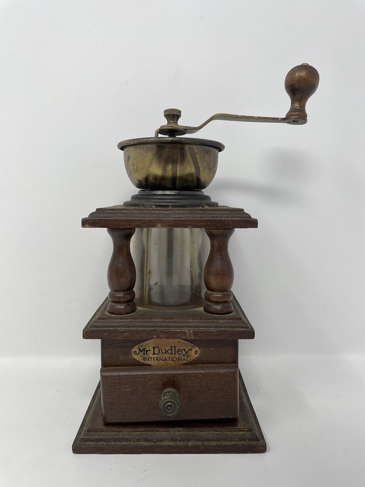 Mr. Dudley International Coffee Grinder Hand Crank Wood & Glass - Vintage Rough