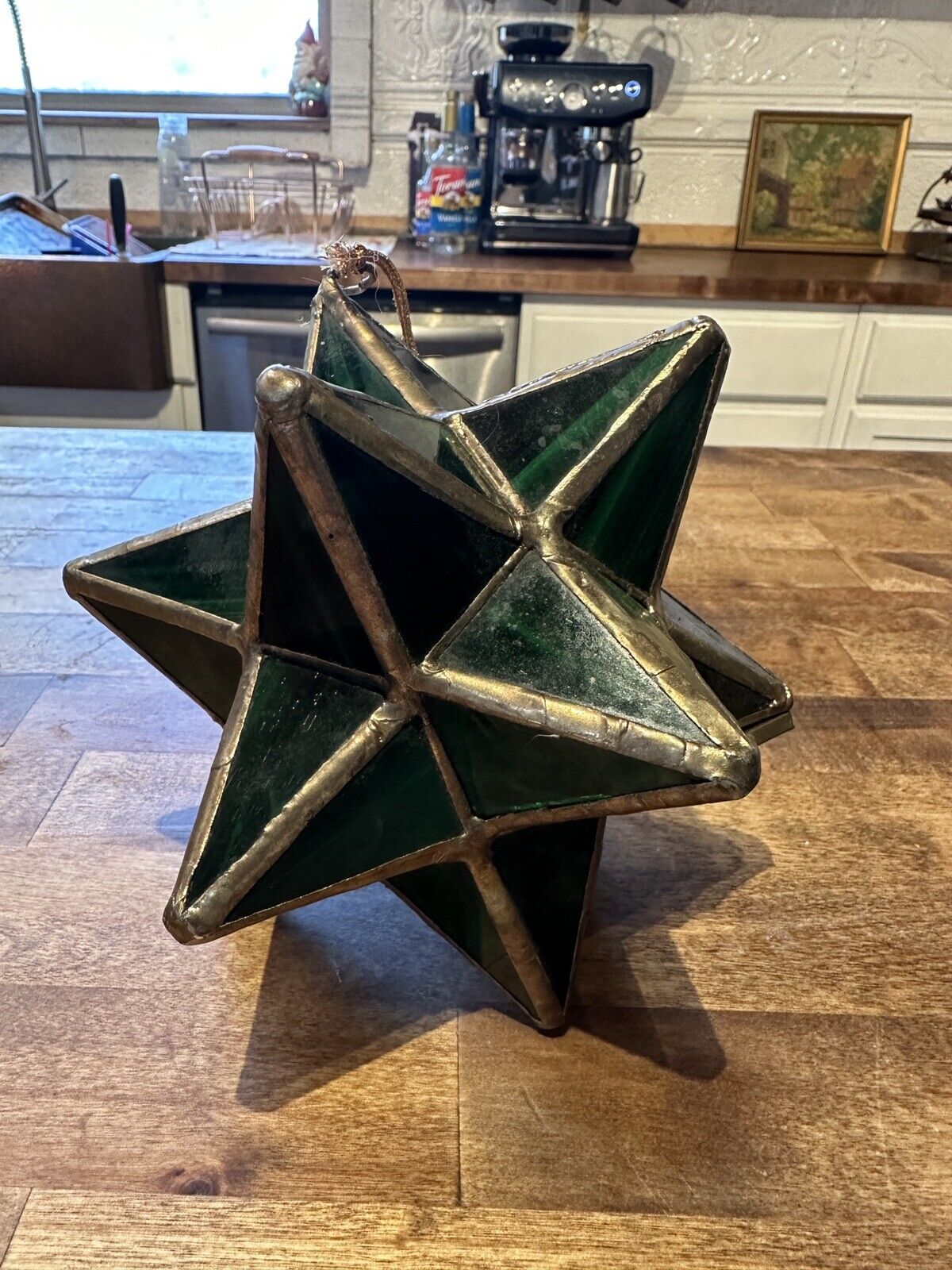 Vintage Moravian 12 Point Star Green Leaded Stained Glass Sun Catcher Ornament 