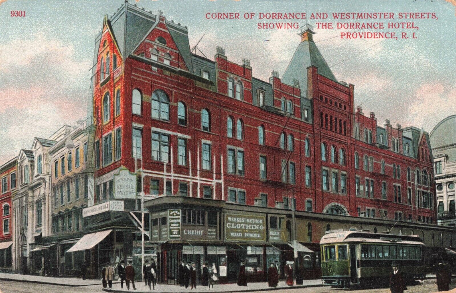 Dorrance Hotel Providence RI Store Fronts Trolley Car c.1908 Postcard A582