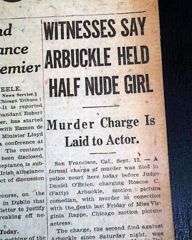 Roscoe Fatty Arbuckle Arrested on Hollywood Murder Charge Rappe 1921 Newspaper