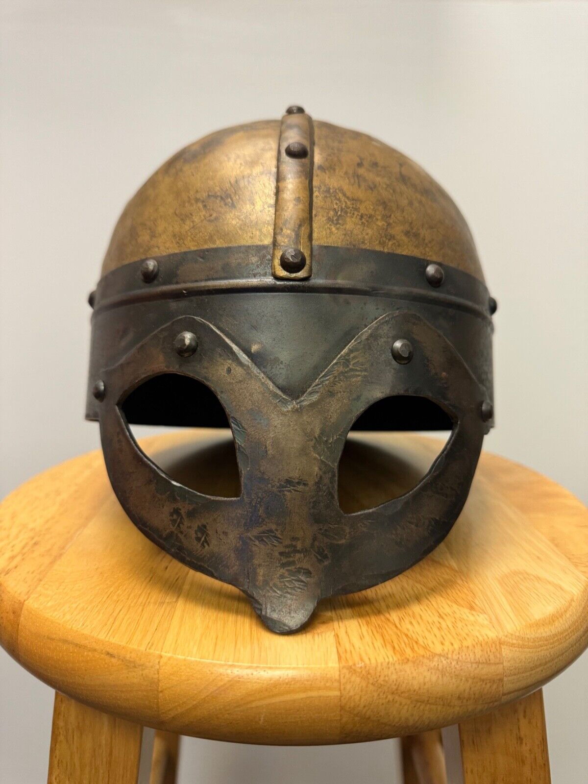 Medieval Viking Gjermundbu helmet replica, LARP battle ready, brass/steel