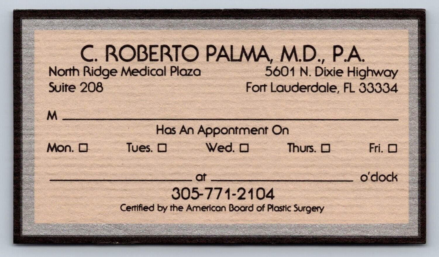 1970s 1980s Business Card C Roberto Palma MD Ft Lauderdale FL Vtg