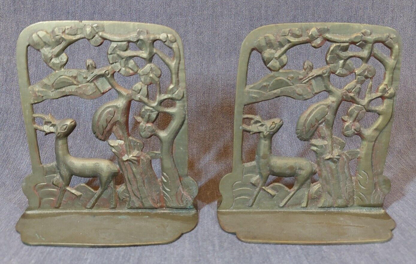 Antique Chinese 1920's Pair of Cast Brass Bookends - Crane & Deer