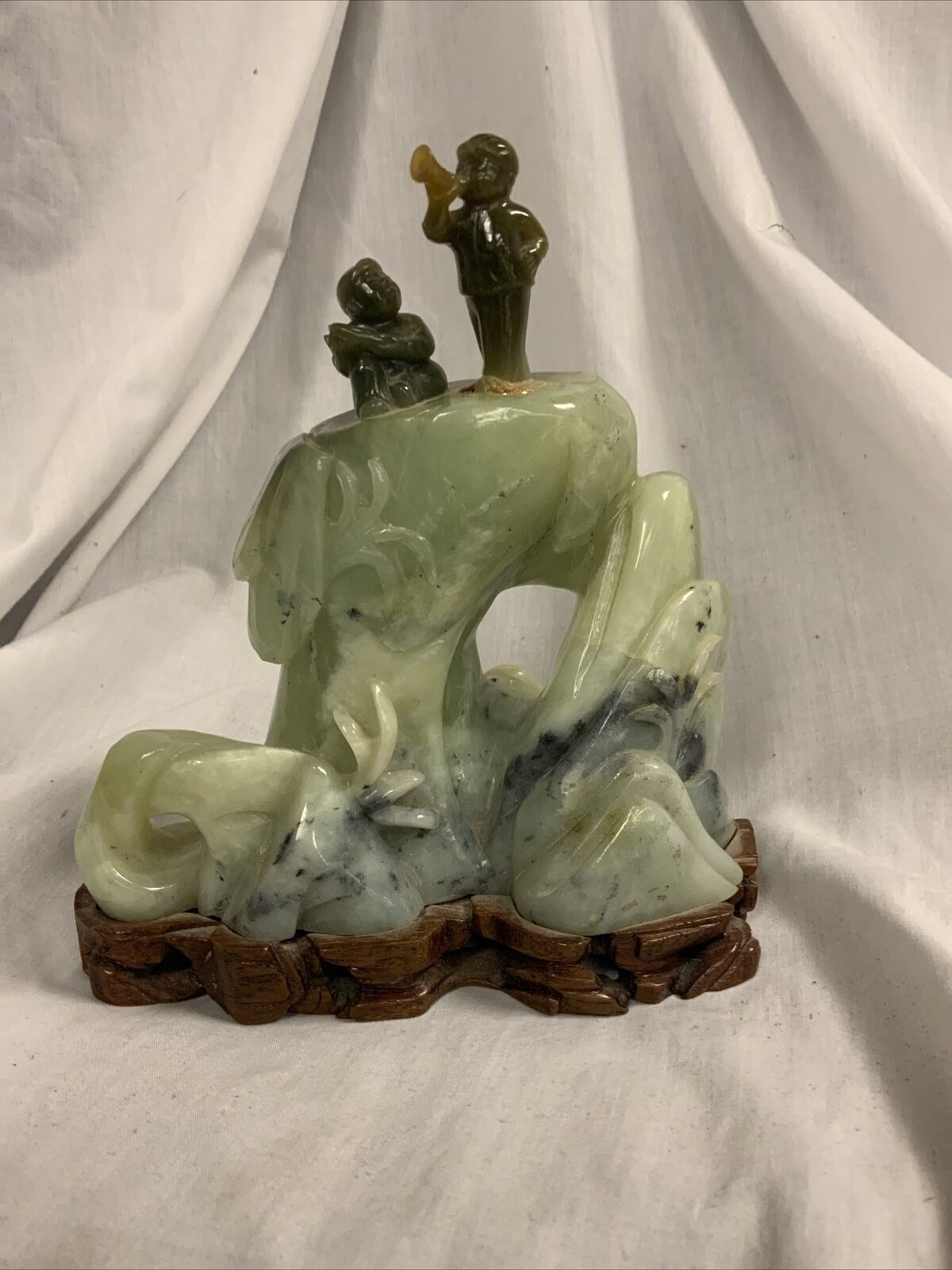 Vintage Chinese Carved Jade Landscape Boys 7”x7”x3.5” with Wood Carved Base